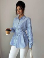 ⁦قميص نسائي مخطط كاجوال طويل الأكمام⁩ - الصورة ⁦5⁩