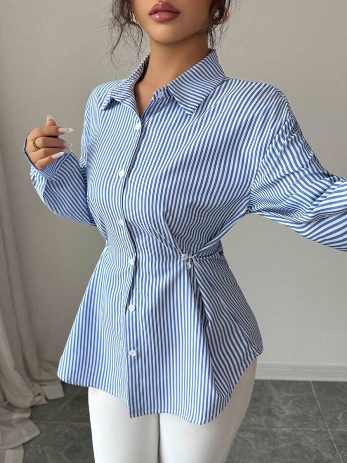 ⁦قميص نسائي مخطط كاجوال طويل الأكمام⁩ - الصورة ⁦6⁩