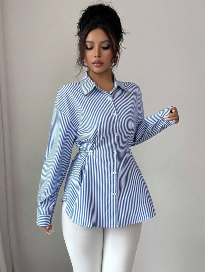 ⁦قميص نسائي مخطط كاجوال طويل الأكمام⁩ - الصورة ⁦8⁩