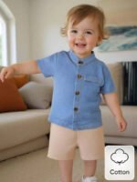 ⁦طقم أطفال للصبيان من قميص جينز وشورت كاجوال⁩ - الصورة ⁦4⁩