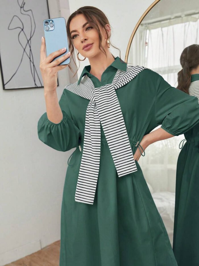 ⁦فستان قميص برباط خصر مع شال مخطط⁩ - الصورة ⁦14⁩
